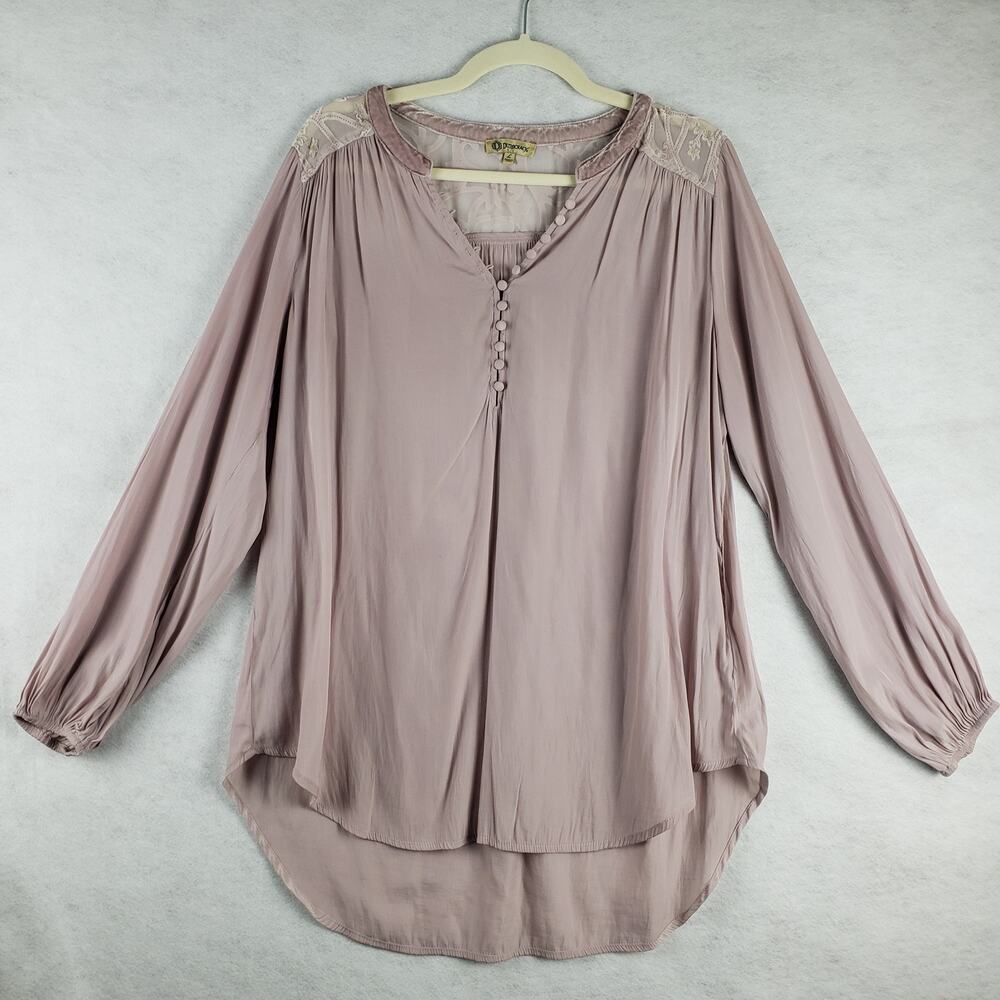 Democracy L Embroidered Button Neck Blouse Pastel Lavender Feminine Long Sleeve
